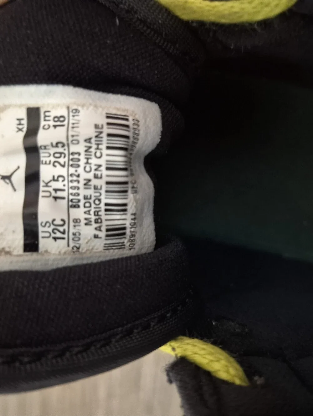 Air Jordan Nike Shoes BO6932-003. Child Size 12C. Black White Green Laces